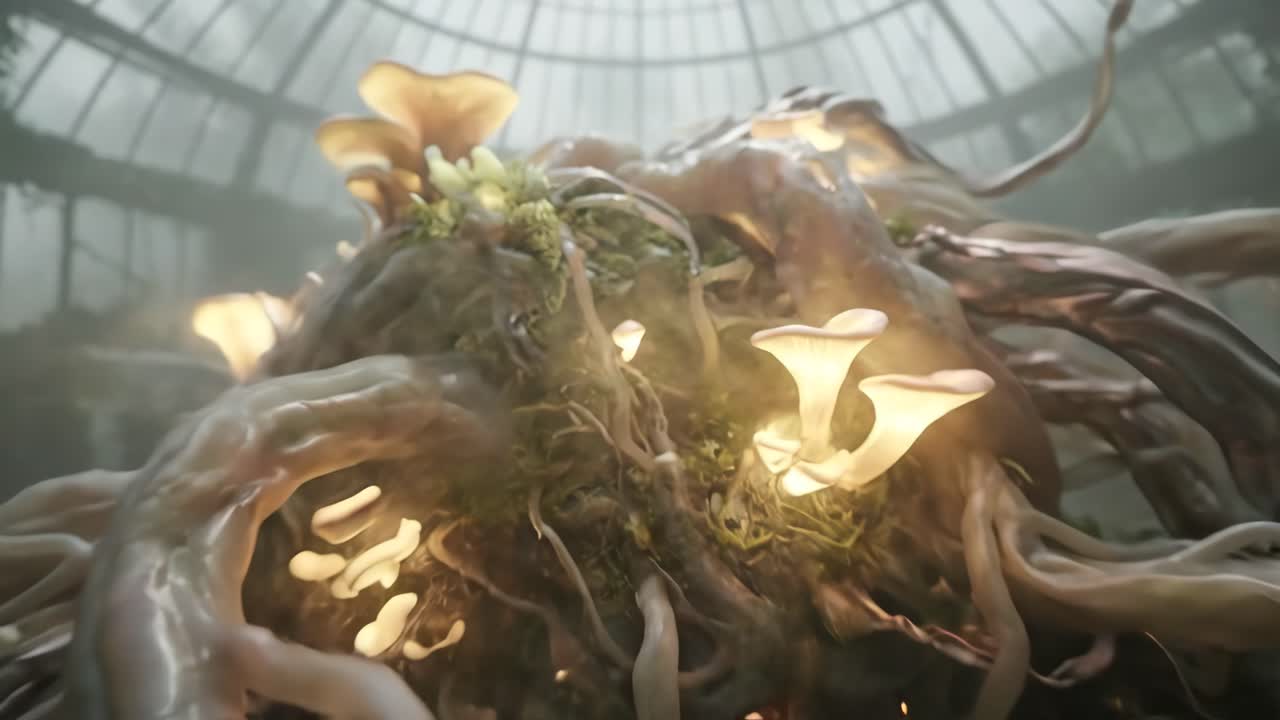 Struttura organica fantasy con funghi luminosi sotto una cupola di vetro