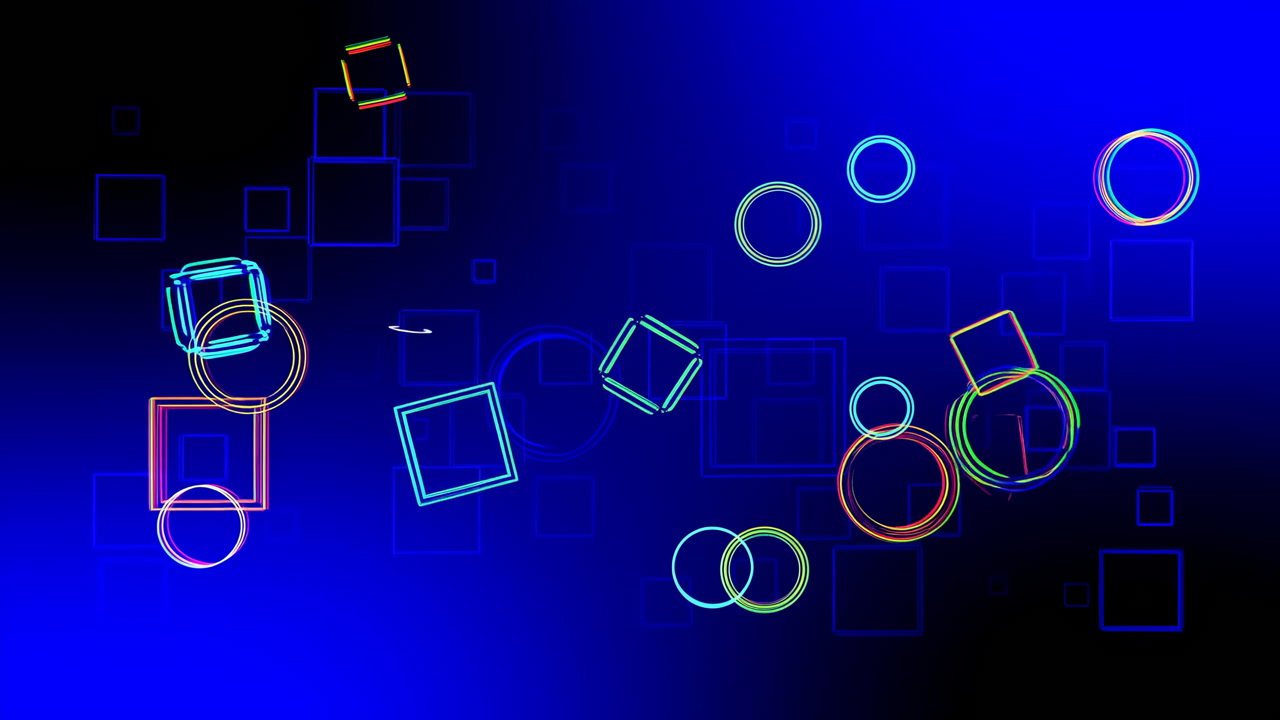 Colorful Geometric Shapes Drifting Across Deep Blue Background, Animated Rings And Squares With Neon Outlines,