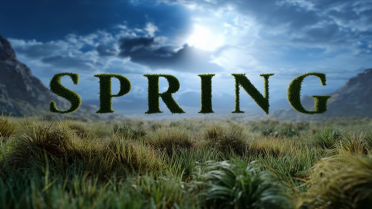 Lettere verdi compongono la parola "primavera" su colline erbose. La luce del sole filtra attraverso i cieli nuvolosi sopra. Le montagne incombono in un dolce e naturale sfondo. Felci ed erbe selvatiche ondeggiano dolcemente sotto
