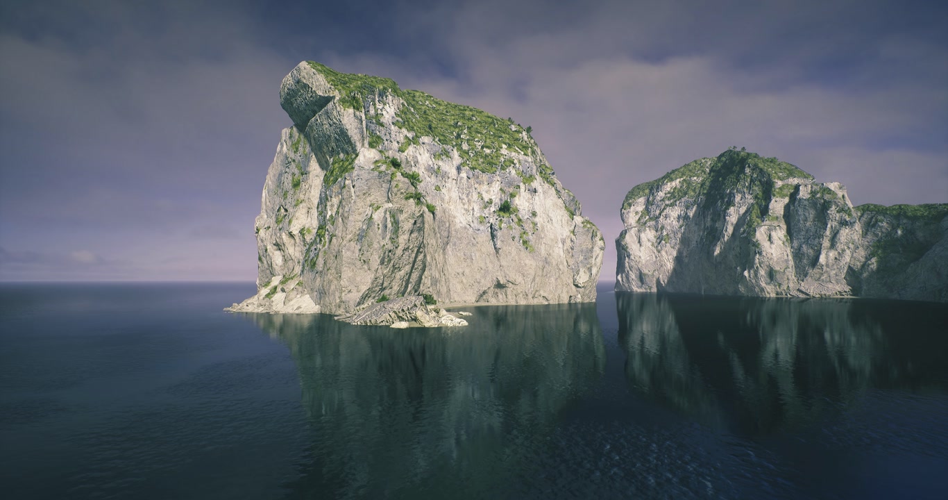 Tranquil maritime landscape illuminated by early daylight on rugged isles