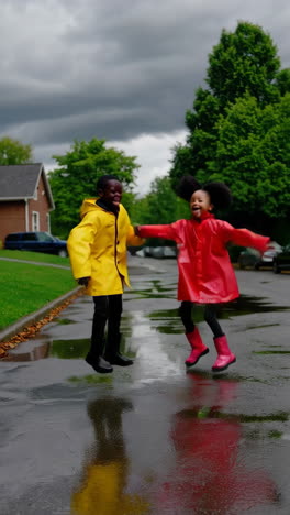 two joyful children in colorful raincoats jumping in puddles on a wet street