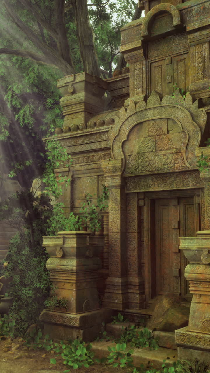 Ancient temple overgrown with vegetation in a mystical forest at dawn