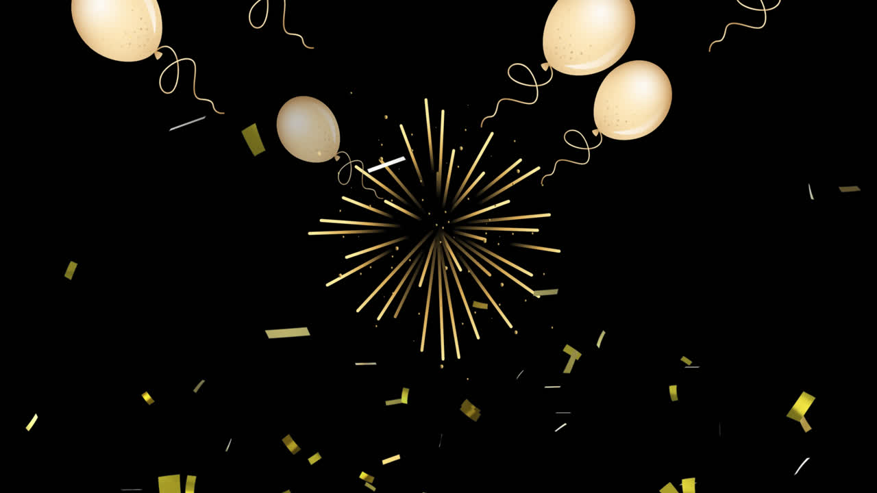 Animation of colorful balloons flying and falling confetti over black ...