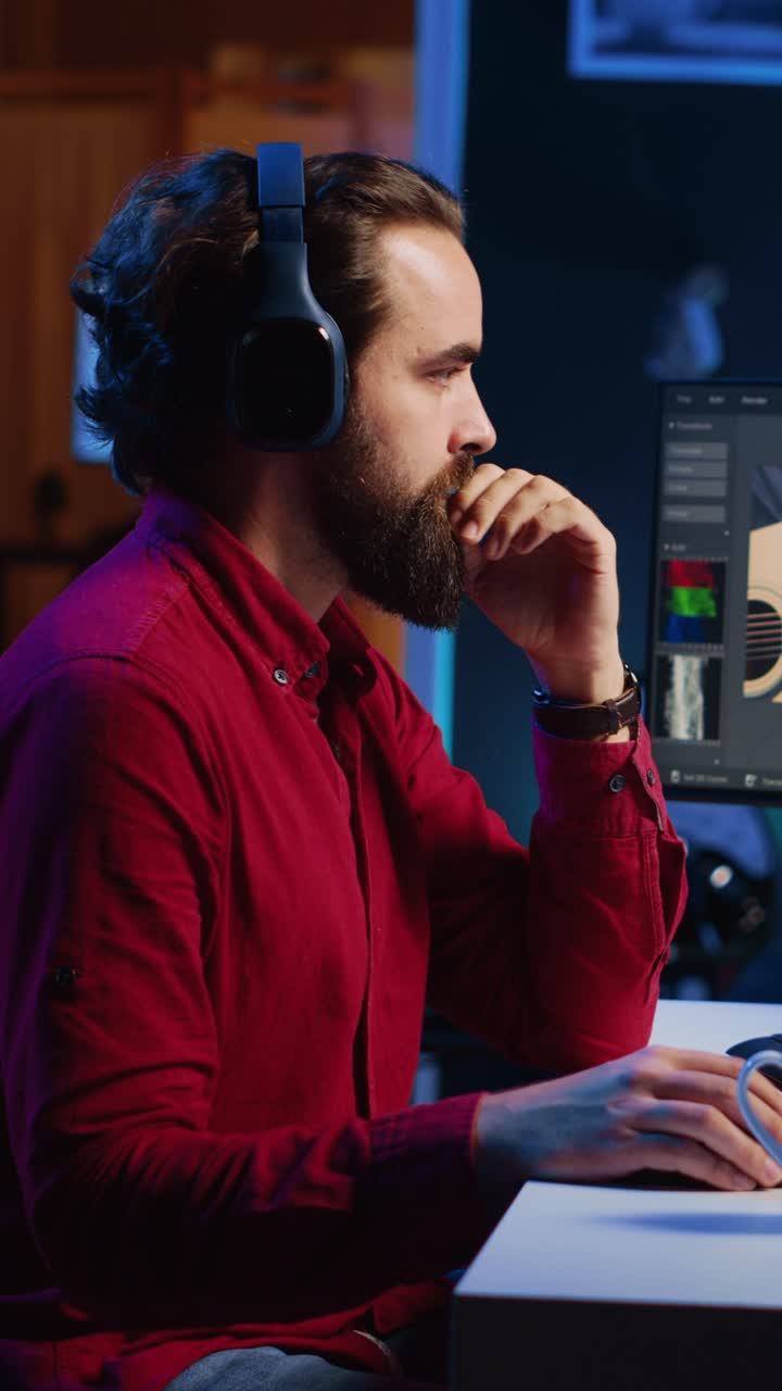 Vertical video Videographer color correcting clips while listening music in headphones