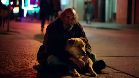 elderly man and dog on the street at night