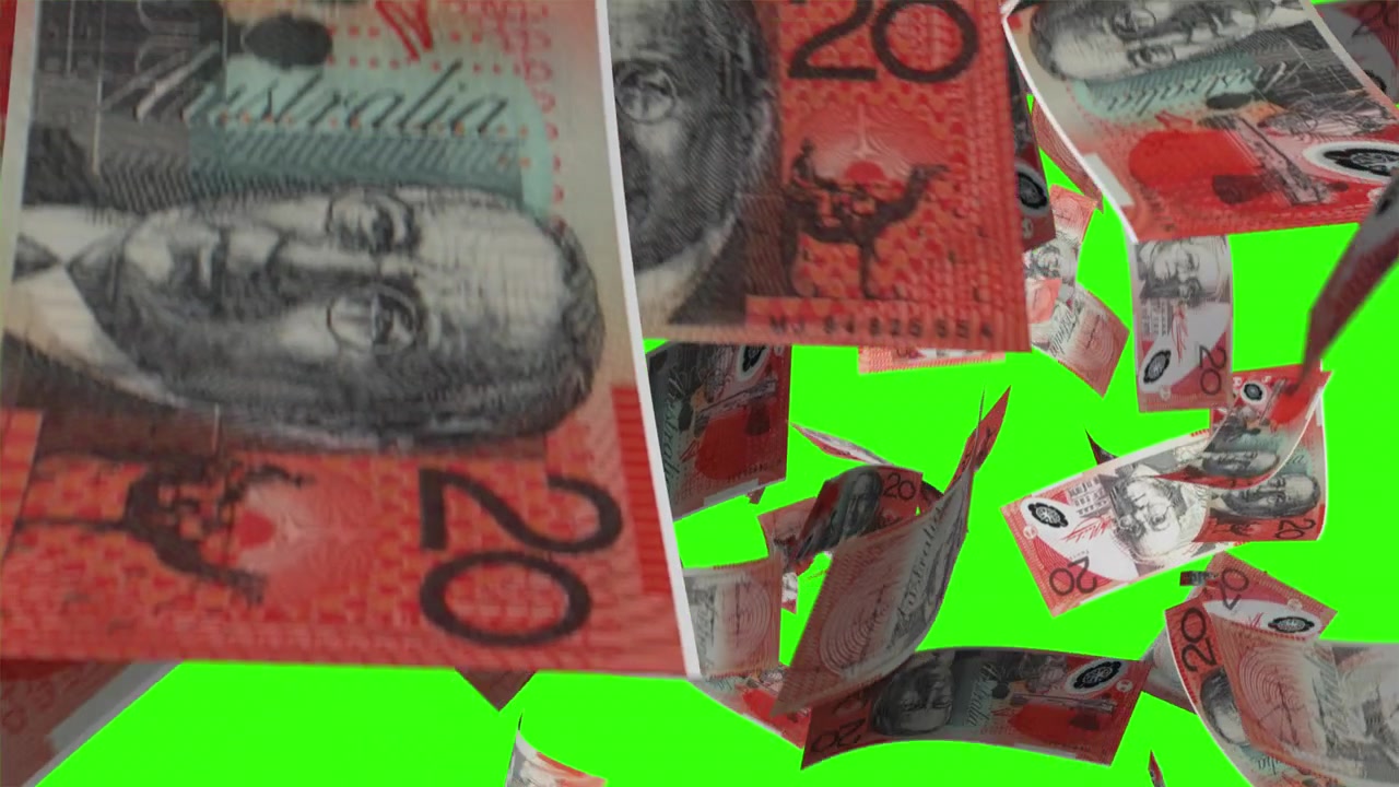 Banconote australiane da 20 dollari che cadono su schermo verde