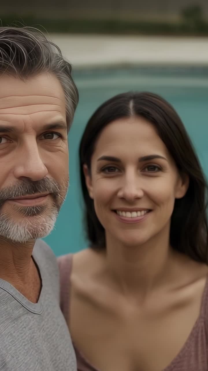 Vídeo vertical: homem de camiseta cinza apertando o obturador, mulher de blusa cor de malva sorrindo perto da piscina