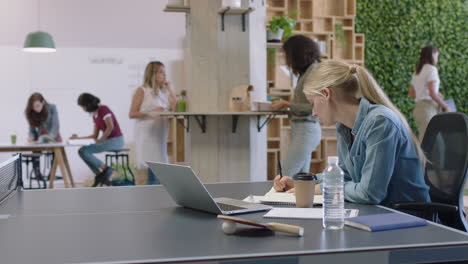 young business woman writing notes brainstorming ideas for project working in modern office enjoying  relaxed workplace