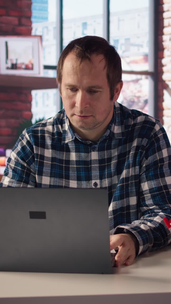 Vertical video Remote employee calls managers remotely using internet videocall