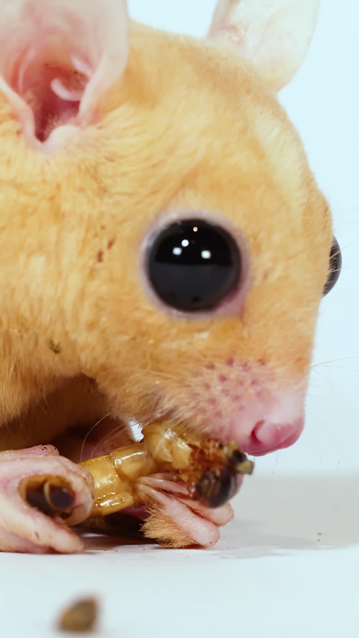 Un primo piano in studio mostra un petauro dello zucchero che tiene e mangia una larva della farina su sfondo bianco.