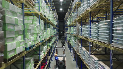 aerial shot flying through warehouse with forklifts moving pallets and inventory