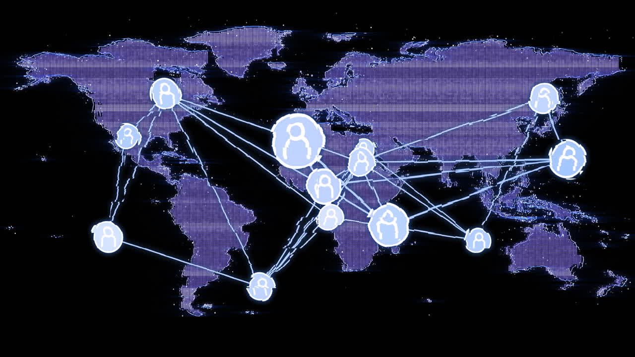 Animation of network of connections with people icons over world map on black background