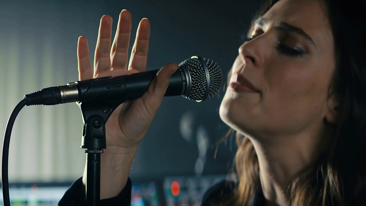 Cantante donna che, reagendo al segnale, stringe il microfono alle labbra e canta in studio, con la console che si illumina.