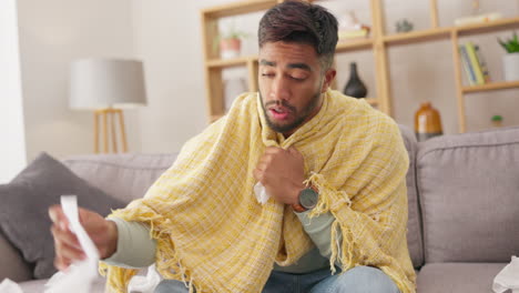 sick, illness and cough with man on sofa of living