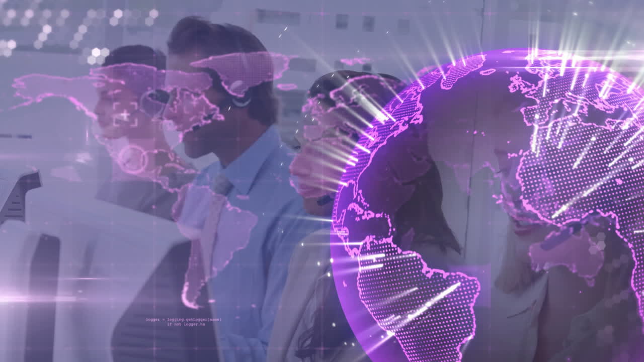 animación del globo y procesamiento de datos sobre diversas personas de negocios que usan auriculares telefónicos