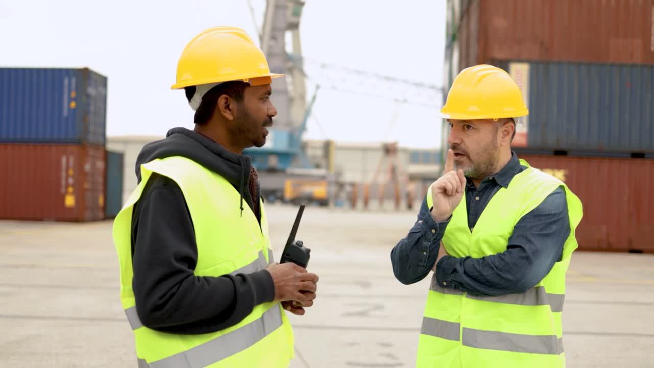 operadores industriales multirraciales que trabajan dentro de las terminales portuarias internacionales de contenedores - operaciones logísticas de carga
