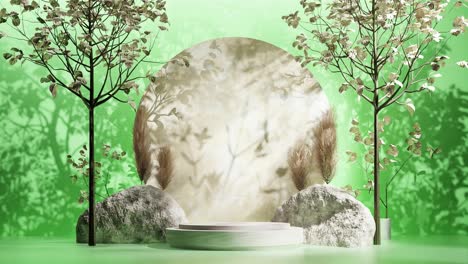 Producto-Comercio-Electrónico-Venta-Exhibir-Producto-Representación-3d-Animación-Natural-Calma-Verde-Bosque-árbol