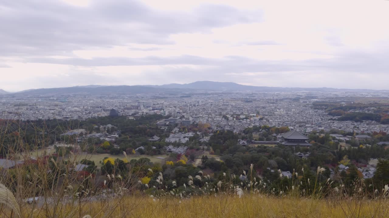 Panning shot over Nara cityscape from above on cloudy day