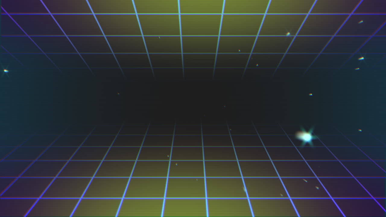 Neon blue grid pattern with stars in dark galaxy in 80s style