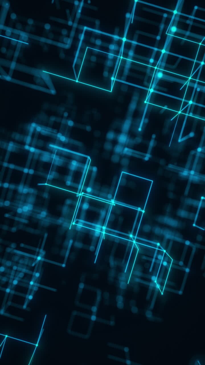Griglia wireframe verticale neon blu che forma una matrice digitale futuristica. Rendering in 3D in loop