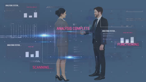 animation of financial data processing over caucasian business people shaking hands