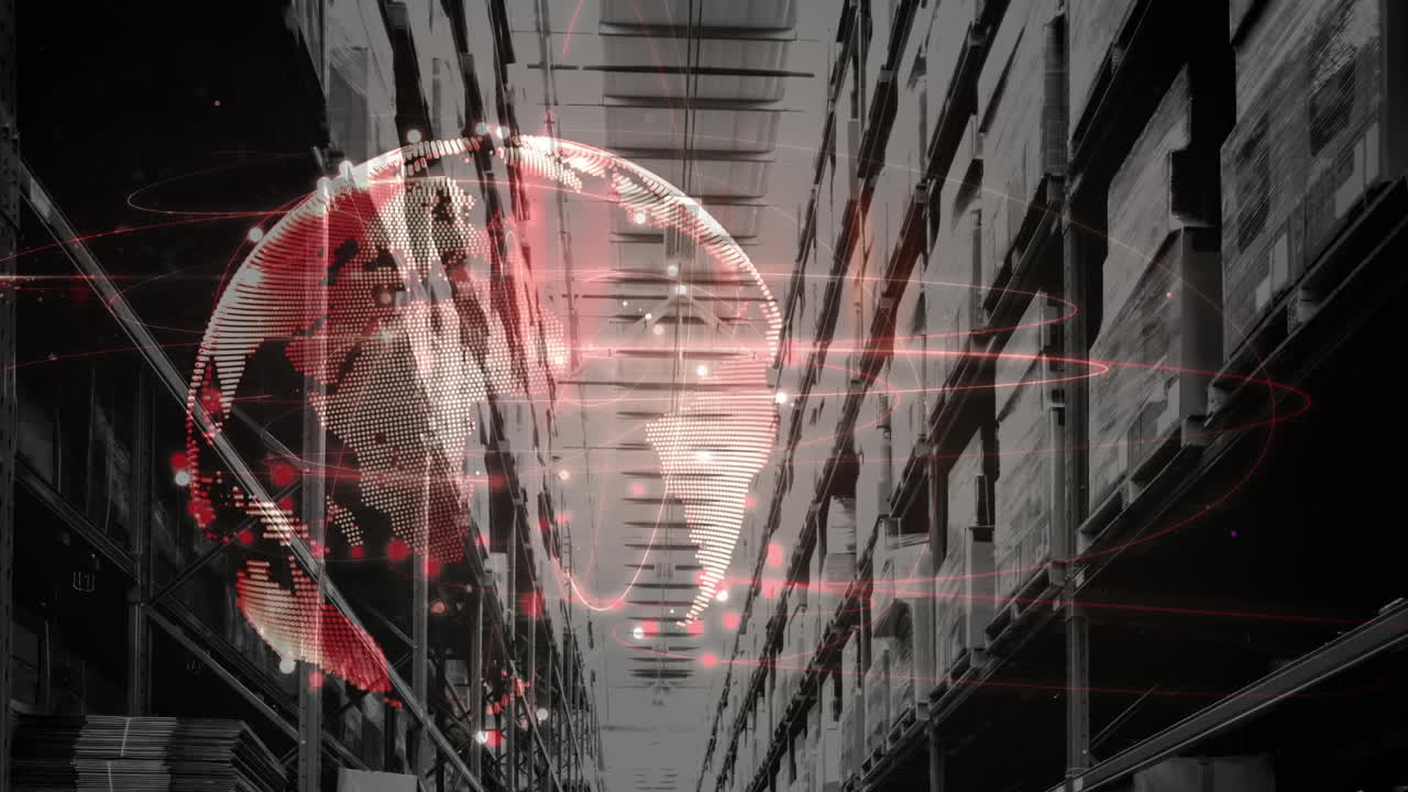 анимация сети соединений над полками на складе