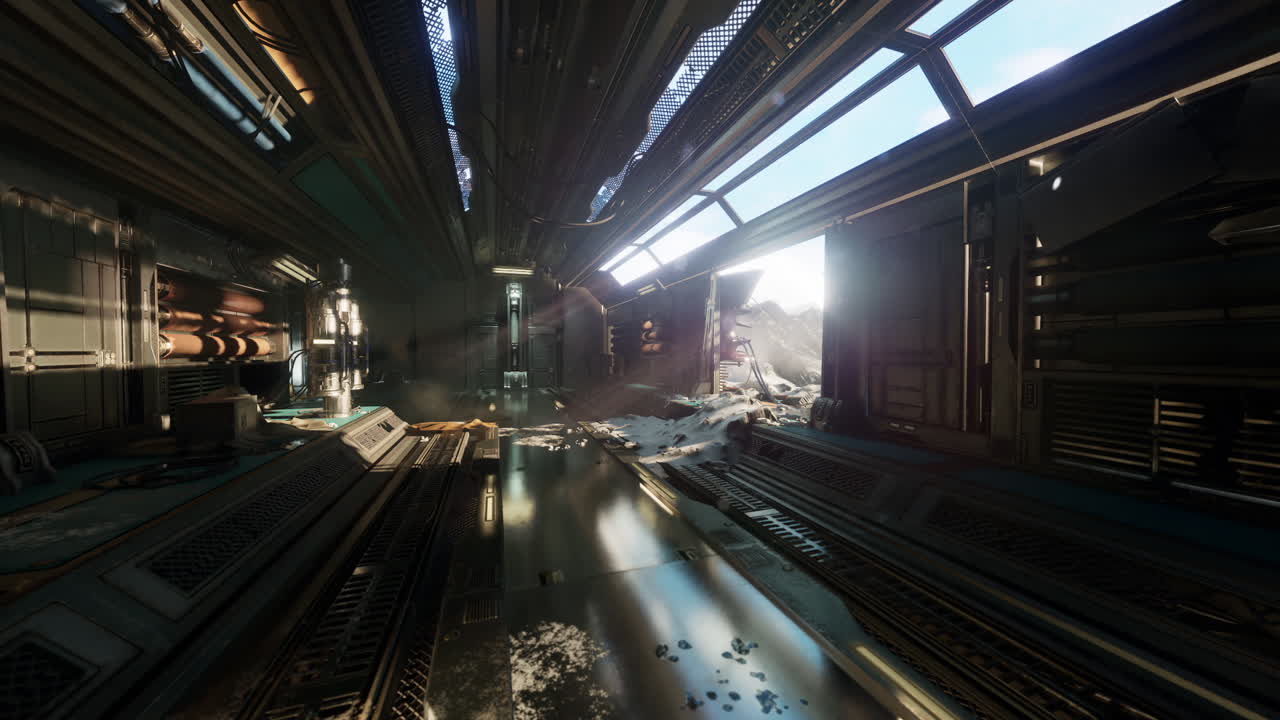 공상과학 소설의 세계에서 어져 있는 잔해로 빛이 빛나는 미래의 복도