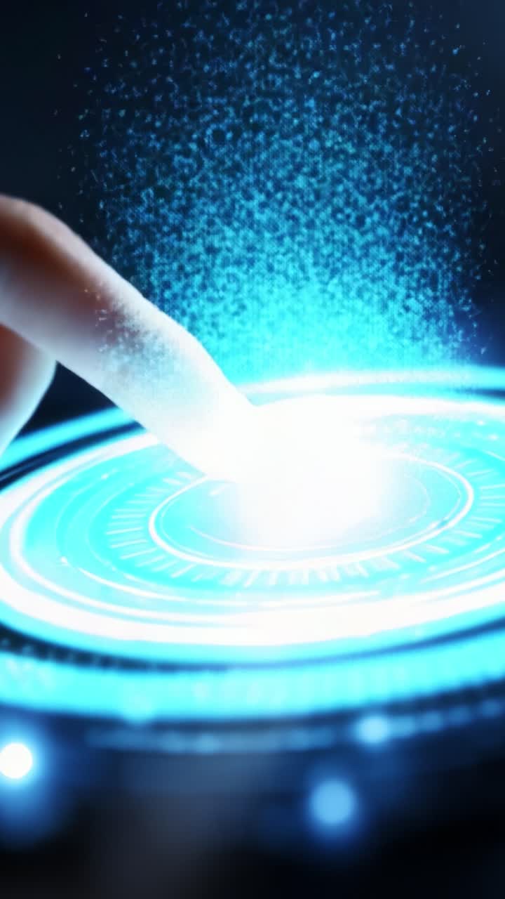 Illuminated Digital Interface: A Hand Interacts with a Glowing Blue Circular Display, Emphasizing a Futuristic Technology Concept with Sparkling Elements