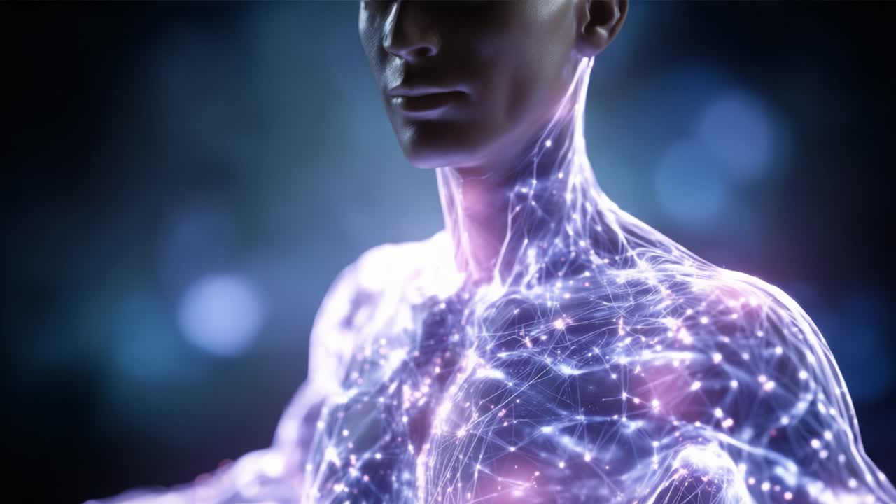 A mesmerizing visual representation of a human figure adorned with luminous digital networks, symbolizing the fusion of technology and human anatomy in an artistic display