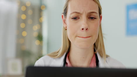 healthcare, laptop and doctor worried