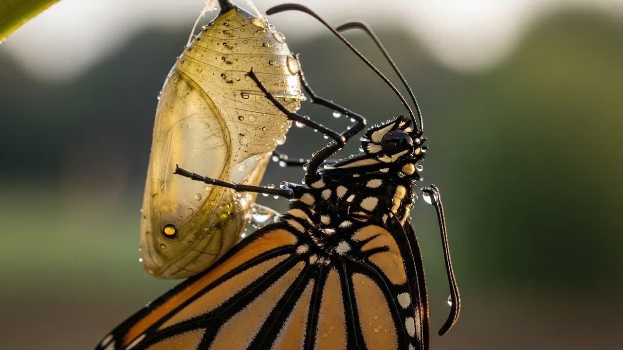 Captivating Transformation: A Monarch Butterfly Emerges from its Chrysalis in Stunning Detail, Showcasing the Beauty of Nature's Life Cycle with Vibrant Colors and Intricate Patterns