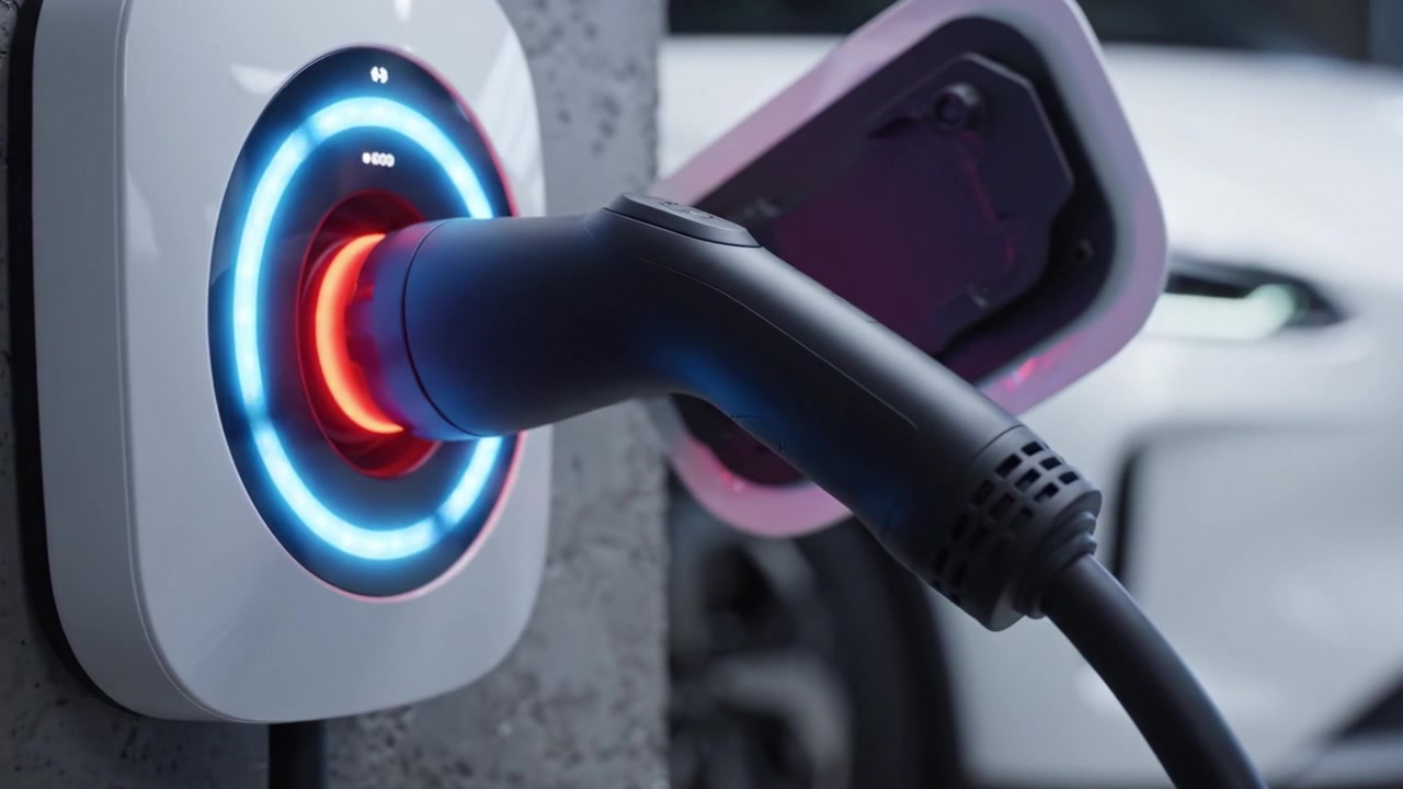 Experiência Inovadora de Carregamento de Veículo Elétrico: Um Close-Up da Conexão e Carregamento de um VE com um Display LED Vibrante Indicando Progresso e Status
