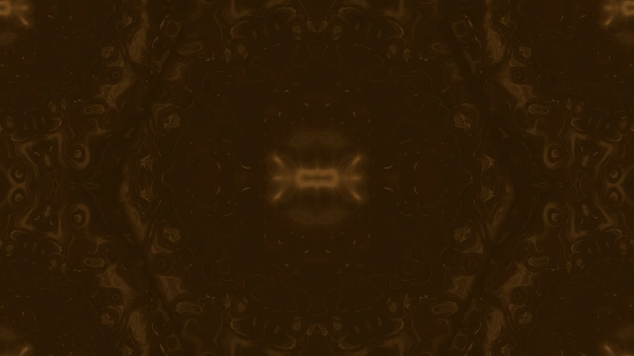 Animazione caleidoscopica psichedelica al rallentatore con motivo geometrico, distorsione simmetrica, sfondo astratto vivido, illusione ottica, loop visivo dinamico, motion design psichedelico, illuminazione ipnotica marrone