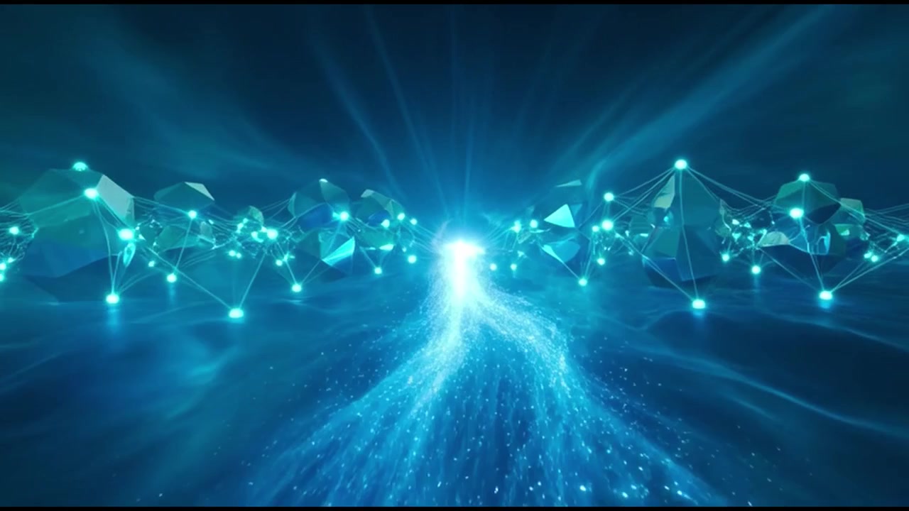 Abstract Digital Network with Glowing Geometric Shapes and Light Particles