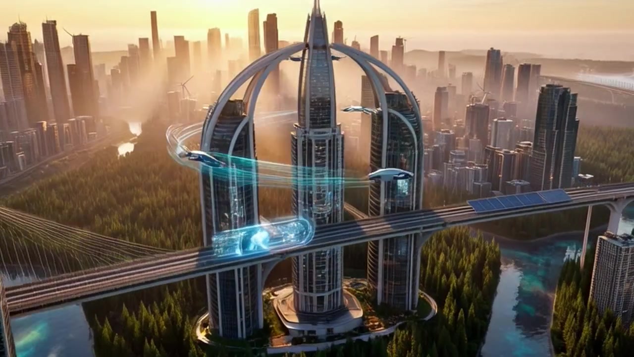 Futuristic Cityscape with Flying Vehicles and Advanced Architecture at Sunset