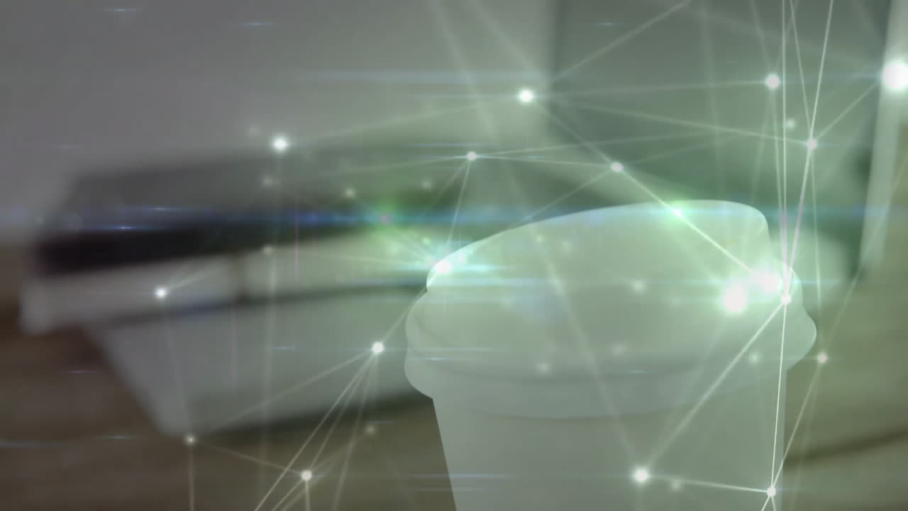 Translucent container sitting on wooden tabletop, glowing network nodes connecting around it