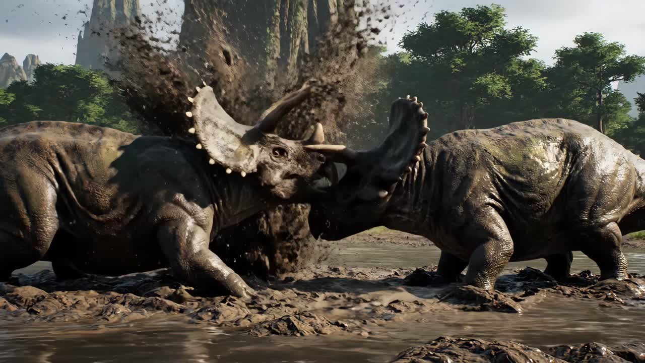 Two Triceratops Fighting in the Mud