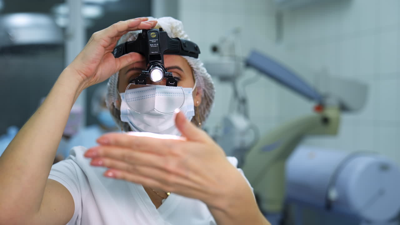 Surgeon gets ready before operation. Pretty woman puts on special lamp on head and loupe. Ophthalmology operation in modern clinic.