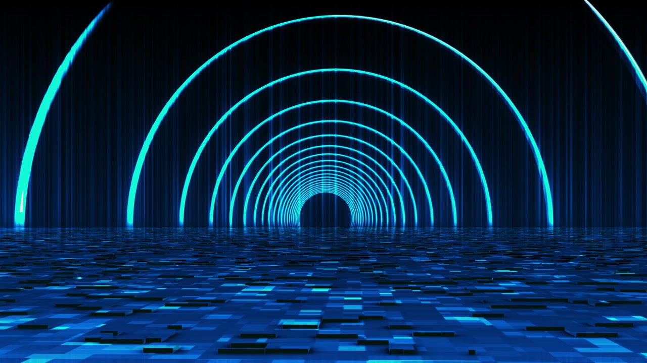 Futuristic blue archway visual with glowing circular arcs digital tile floor and dark virtual tunnel