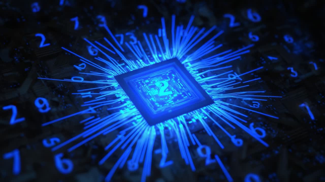 Powerful central processing unit glowing with blue light beams while processing digital information, surrounded by a swirling vortex of binary code numbers in a conceptual representation