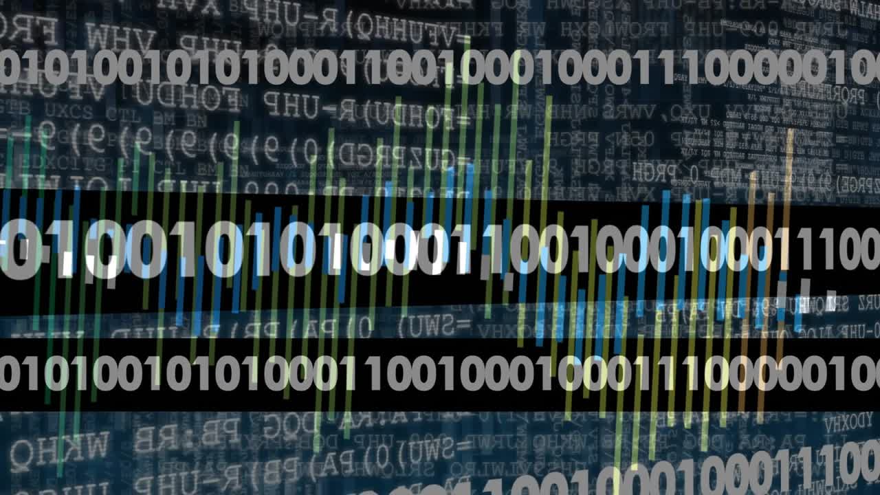 On binary stream appearing, bars displaying pulsating waveform visualizing data over scrolling code