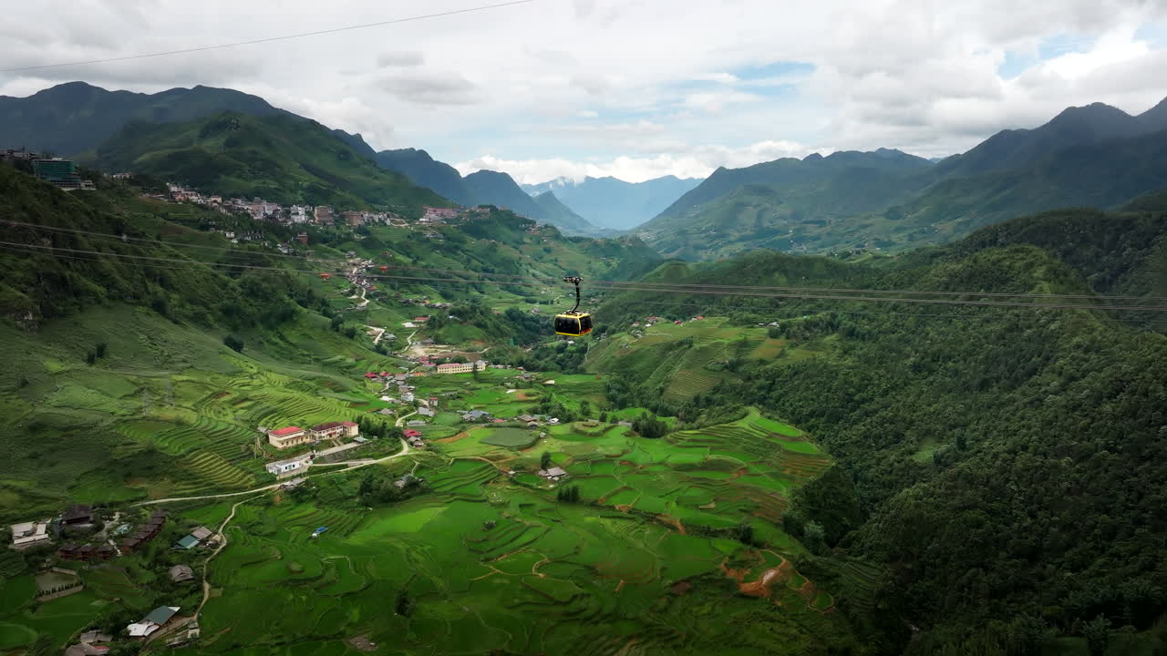 Aerial View of Sapa Rice Terraces and Cable Car in Vietnam