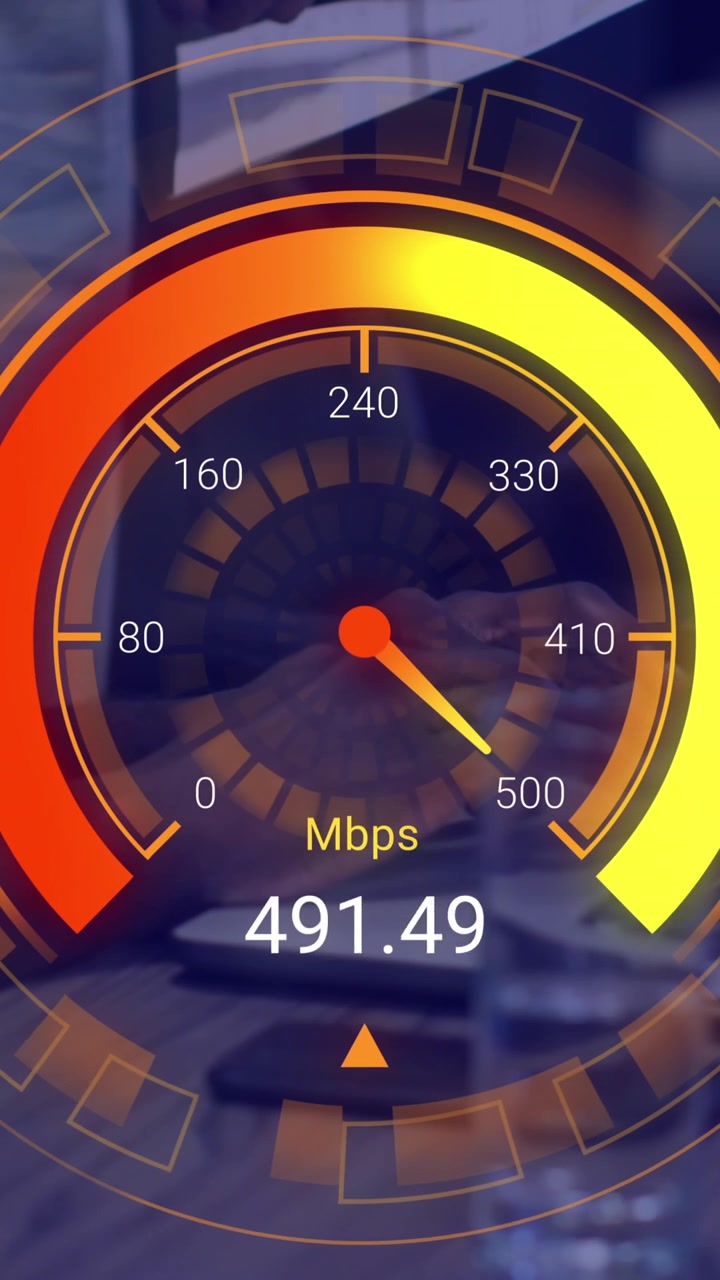 Animation of speedometer data processing over diverse business people in office