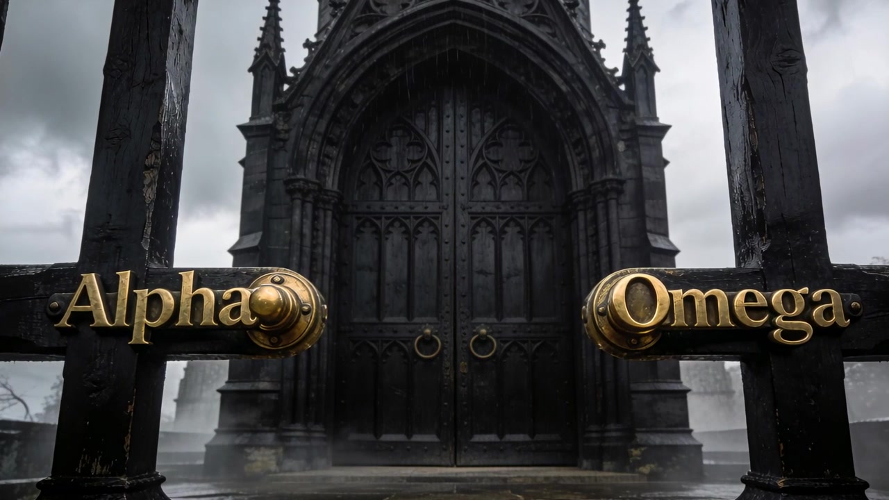 Camera settling revealing gated entrance at steps, showing gold Alpha Omega knobs and fog