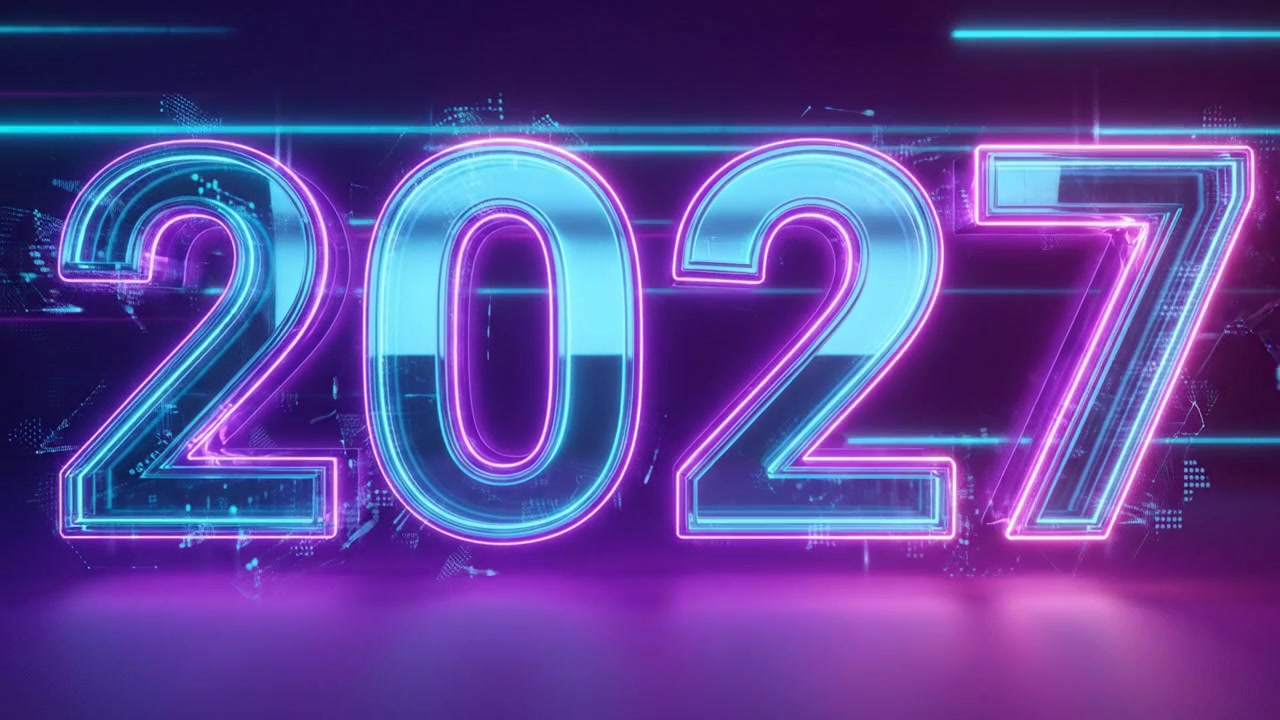 Animazione di testo 2027 al neon luminoso con linee di dati digitali