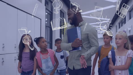 animation of school items icons over happy diverse male teacher walking with students