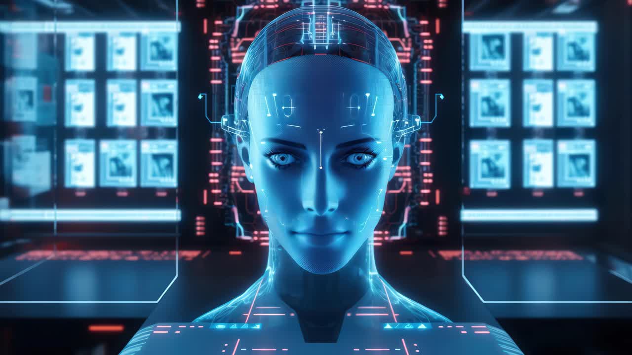 Futuristic video concept with a close-up angle of a digital humanoid face, featuring glowing circuit