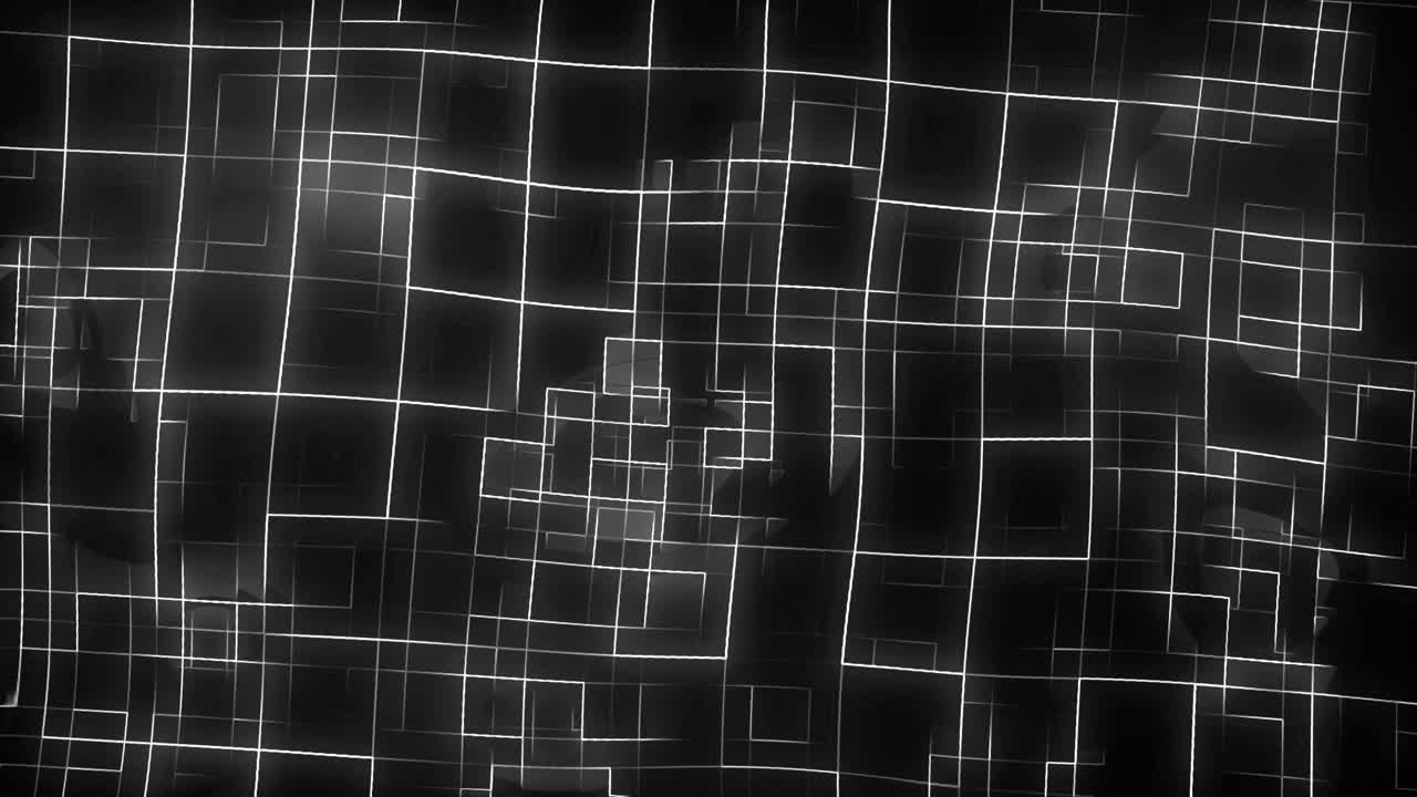 Glowing neon line work with rotating squares animation on dark gradient background dynamic motion graphics and visual effects seamless modern design lighting movement colours white grey black