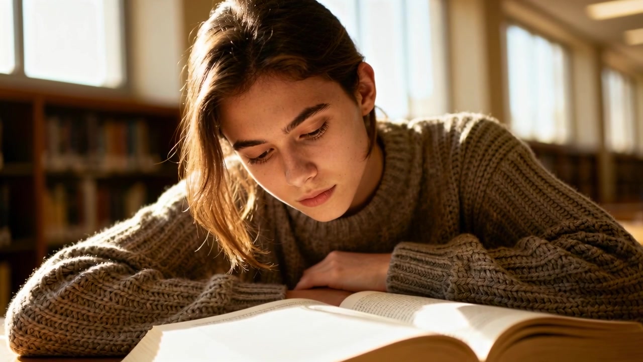 Donna appoggiata con un maglione di lana grosso che studia un grande libro aperto in biblioteca, con la luce del sole che guida il suo sguardo.