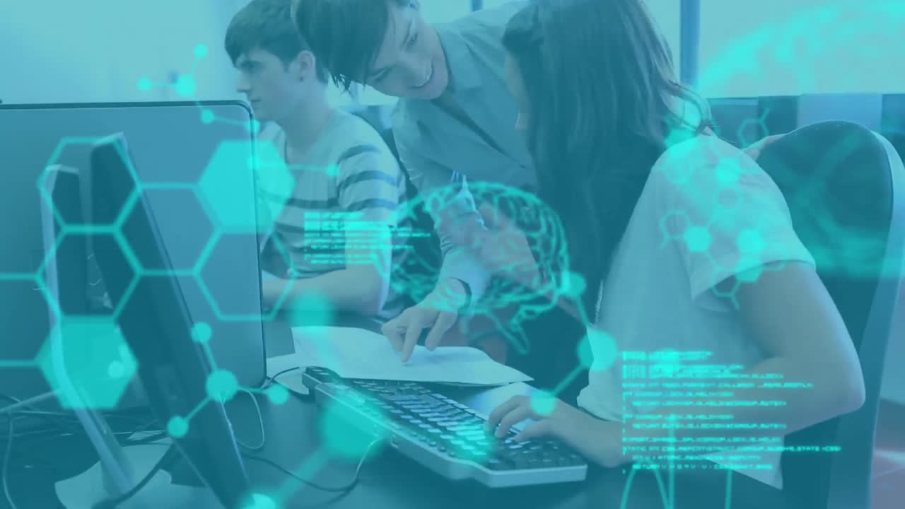 Animation of data processing over group of students using computers